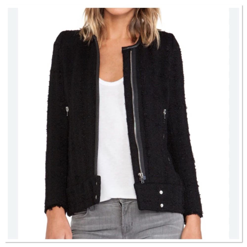 IRO Beth Lamb Leather Trim Wool Mohair Blend Black Jacket w/Zippers Sz EU40 US 8